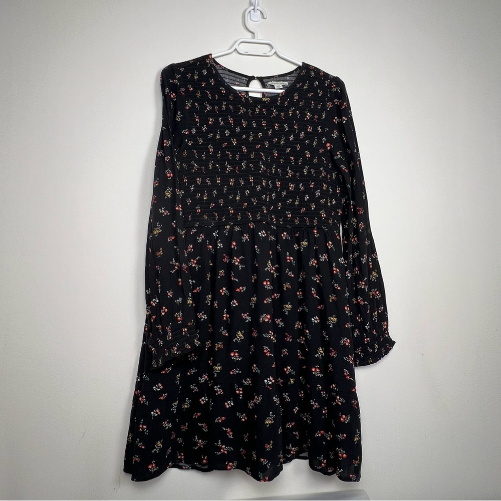 AE Black Ditsy Floral Babydoll Dress with Smocked Bodice & Keyhole Back size L